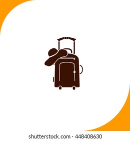 Travel suitcase and beach hat sign. Brown icon on white background