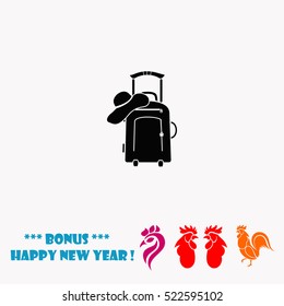 Travel suitcase and beach hat vector icon