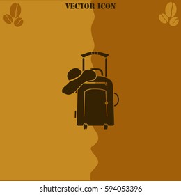 Travel suitcase and beach hat vector  icon Coffee symbol background.