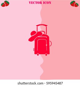 Travel suitcase and beach hat vector  icon. Strawberry Background.