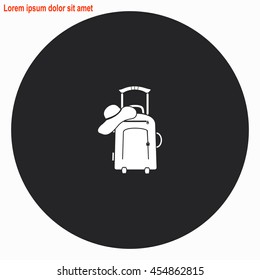 Travel suitcase and beach hat web icon. Gray circle button with white illustration.