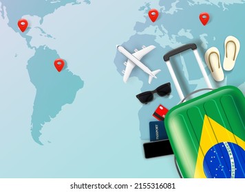 Travel suitcase with brazillian flag and travel accessories. 3d vector concept