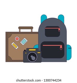 travel suitcase camera and backpack blue lines