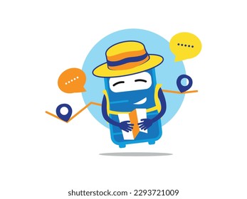 Travel suitcase cartoon illustration with location map and adventuring gear, hat, bag, map etc