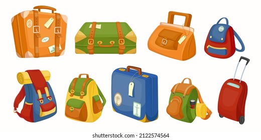 Travel suitcase. Cartoon travel and vacation luggage and bag with accessories. Summer voyage vector graphic