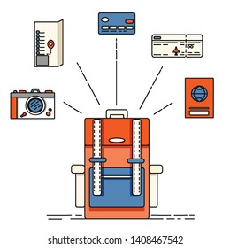 Travel suitcase cartoon vector illustration. Holiday vacation, abroad trip flat drawing. Credit card, boarding pass, airplane ticket. Traveler luggage