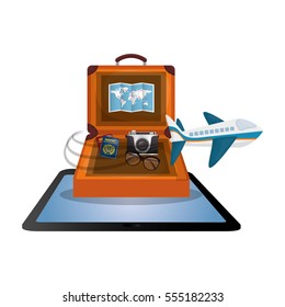 travel suitcase cellphone map camera airplane vector illustration
