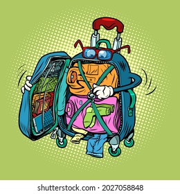 travel suitcase character packs clothes, vacation trip and tourism