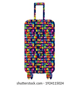 Travel suitcase with colored typography pattern with motivation for traveling
