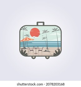 Travel suitcase creative beach vintage retro poster, beach theme in suitcase frame, beach travel logo vector illustration