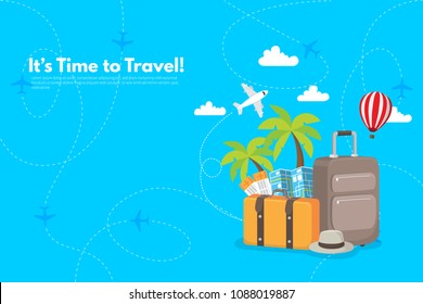 Travel suitcase with different travel elements. It’s Time to Travel text. Travel concept background. Flat design vector illustration.