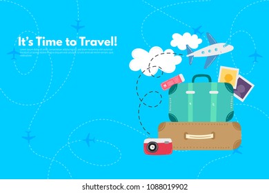 Travel suitcase with different travel elements. It’s Time to Travel text. Travel concept background. Flat design vector illustration.