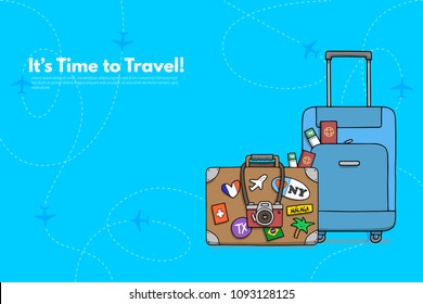 Travel suitcase with different travel elements. It’s Time to Travel text. Travel concept background. Flat design vector illustration.