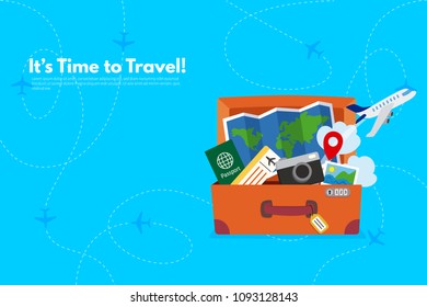 Travel suitcase with different travel elements. It’s Time to Travel text. Travel concept background. Flat design vector illustration.