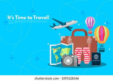 Travel suitcase with different travel elements. It’s Time to Travel text. Travel concept background. Flat design vector illustration.