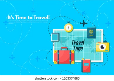 Travel suitcase with different travel elements. It’s Time to Travel text. Travel concept background. Flat design vector illustration.