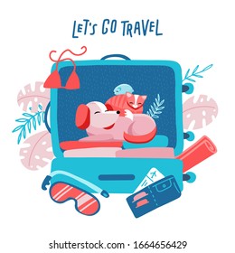 Travel suitcase with dog, cat and hamster. Travelling with animals concept. Minimalism design with holiday objects. Floral palm elements at background. Vector flat style illustration.