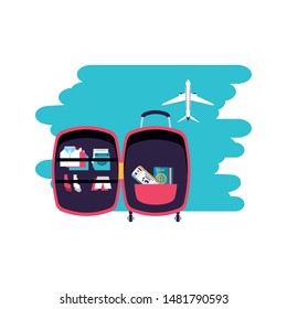 travel suitcase equipment with airplane flying