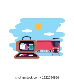 travel suitcase equipment with train vector illustration design