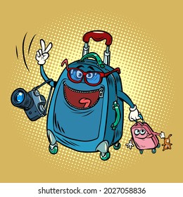 travel suitcase, father and daughter, tourist luggage for cruises and flights