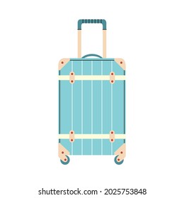Travel suitcase flat vector illustration. Vacation bag on wheels cartoon design element. Heavy luggage icon.