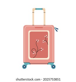 Travel suitcase flat vector illustration. Vacation bag on wheels cartoon design element. Heavy luggage icon.