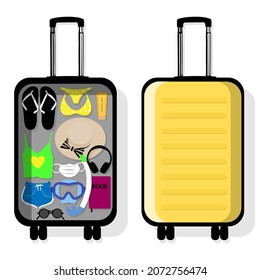 A travel suitcase full of items for the summer vacation. Summer travel vector concept. Vector illustration isolated on white background.