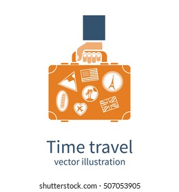 Travel suitcase in hand icon, silhouette. Man holds travel suitcase with stickers, popular destinations for a holiday. Vector illustration flat design style.