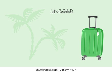 Travel suitcase, hand lettering. Travel luggage traveler. Banner Tourism, vacation, place for text. A bag with handle, wheels and retractable handle for travel, business trips or summer holidays.