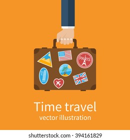 Travel suitcase in hand. Suitcase with stickers, popular destinations for a holiday. Man holds a suitcase in his hand. Time travel concept. Vector illustration flat design style.