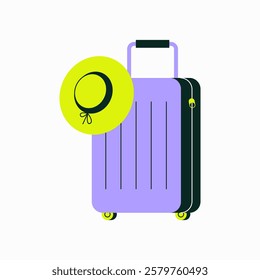 Travel Suitcase With Hat In Flat Vector Illustration Symbolizing Luggage, Vacation Packing, And Tourism, Isolated On White Background