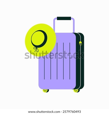 Travel Suitcase With Hat In Flat Vector Illustration Symbolizing Luggage, Vacation Packing, And Tourism, Isolated On White Background