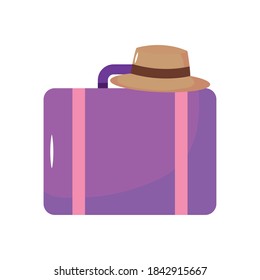 travel suitcase and hat over white background, flat style, vector illustration