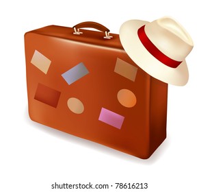 Mala de viagem e um chapéu. Ilustração vetorial.