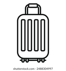 Travel suitcase icon with black line illustration for tourism and travel vector symbol design. Simple graphic isolated minimalist style with wheels and handle for easy carry and packing