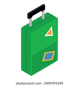 Icono de maleta de viaje vector isométrico. Maleta verde de plástico con mango largo. Accesorio turístico, concepto de viaje