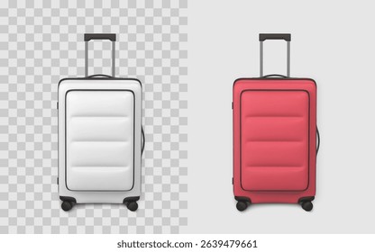 Travel Suitcase Icon With Retractable Handle in White and Red Colors. Modern 3D Luggage Design for Holiday or Business Trip Concepts. Clean Realistic Look. Vector Illustration.