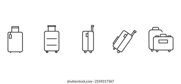 Travel suitcase icon set. Luggage trolley line icon set, Suitcase symbol. Valise, baggage, luggage icon. Luggage suitcase, travel bag icons. Trip baggage sign vector icons illustration in transparent.