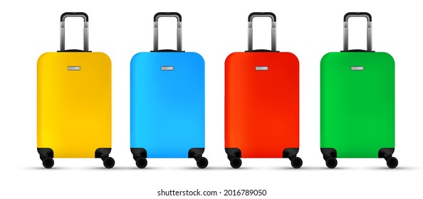 Travel suitcase isolated. Set of Colorful plastic luggage or vacation baggage bag on white background. Design of summer vacation holiday concept.