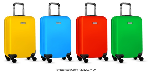 Travel suitcase isolated. Set of colorful plastic luggage or vacation baggage bag on white background. Design of summer vacation holiday concept.