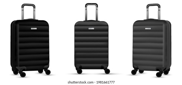 Travel suitcase isolated. Set of silver plastic luggage or vacation baggage bag on white background. Design of summer vacation holiday concept.