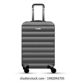 Travel suitcase isolated. Set of silver plastic luggage or vacation baggage bag on white background. Design of summer vacation holiday concept.