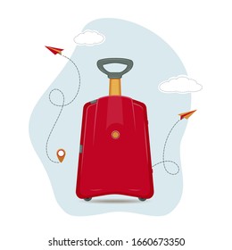 Travel Suitcase isolated vector. Plastic bright red travel suitcase on wheels with airplane flight route with start point and dash line trace. Art design traveler luggage. Concept vacation holiday