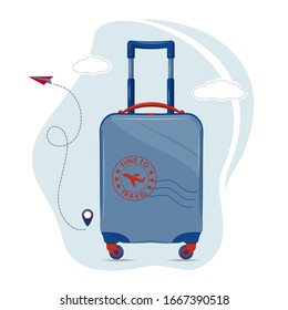 Travel Suitcase isolated vector. Plastic bright blue travel suitcase on wheels. Airplane flight route with start point and dash line trace. Art design traveler luggage. Concept vacation holiday