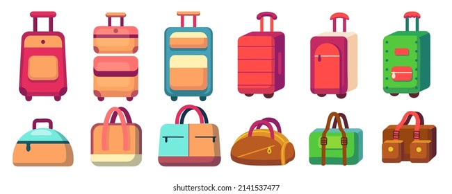 Travel suitcase, journey package, business travel bag, trip luggage. Collection different bags, heap of baggage, suitcases, luggage. Vector illustration.