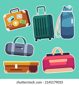 Travel suitcase, journey package, business travel bag, trip luggage. Collection different bags, heap of baggage, suitcases, luggage. Vector illustration.