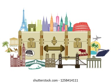 Travel suitcase with travel label illustration
