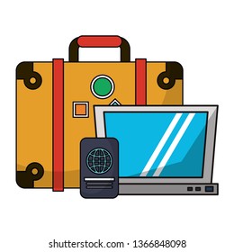 Travel suitcase and laptop with passport