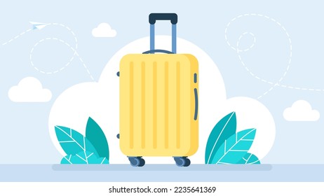 Travel suitcase. Large yellow polycarbonate travel plastic suitcase with wheel. Art design traveler luggage. Concept of travel, vacations, adventures, tourism, luggage, bag. Vector flat illustration