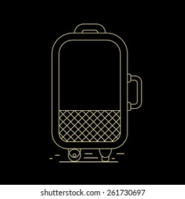 Travel suitcase in line style. Gold lines on black background. Template for your text.